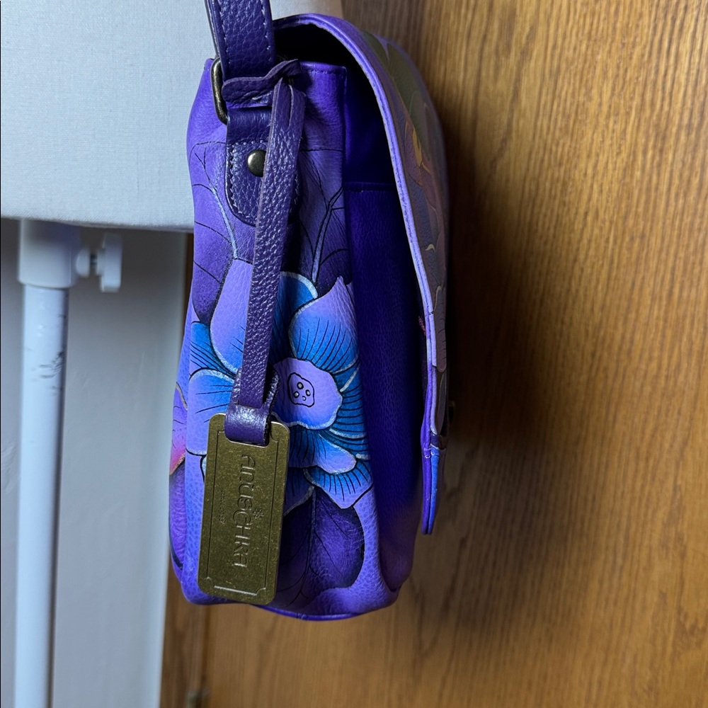 Anuschka purple leather w painted flowers crossbody bag - Picture 2 of 15
